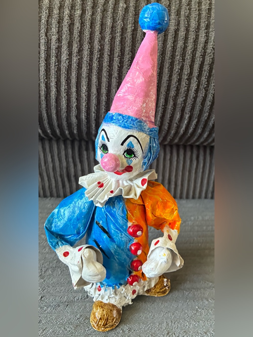Vintage Pink-Hat Papier Mache Clown Figurine in Blue and Orange Halloween